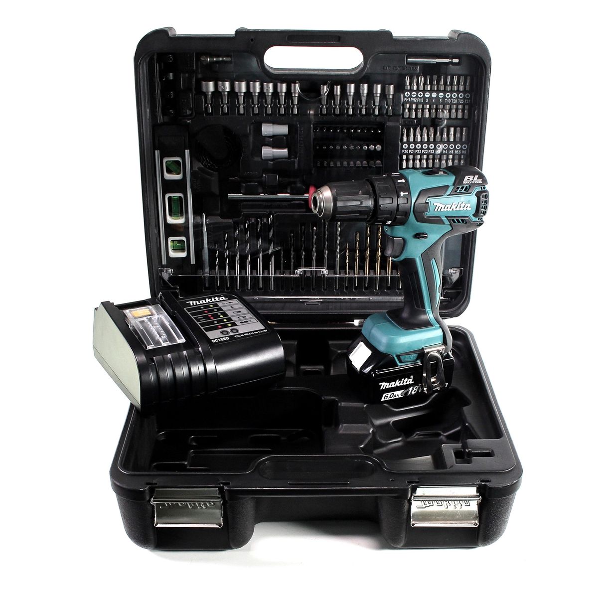 Makita DHP 459 SGTK perceuse à percussion sans fil 18 V 45 Nm sans balais + 1 batterie 6,0 Ah + chargeur + jeu d'accessoires 101 pièces + mallette