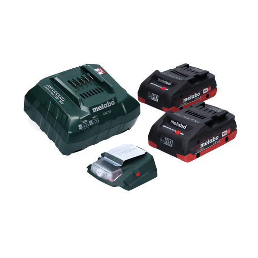 Metabo PA 14,4-18 LED-USB adaptateur secteur pour batterie, kit de base avec 2 batteries LiHD 4,0 Ah + chargeur ASC55