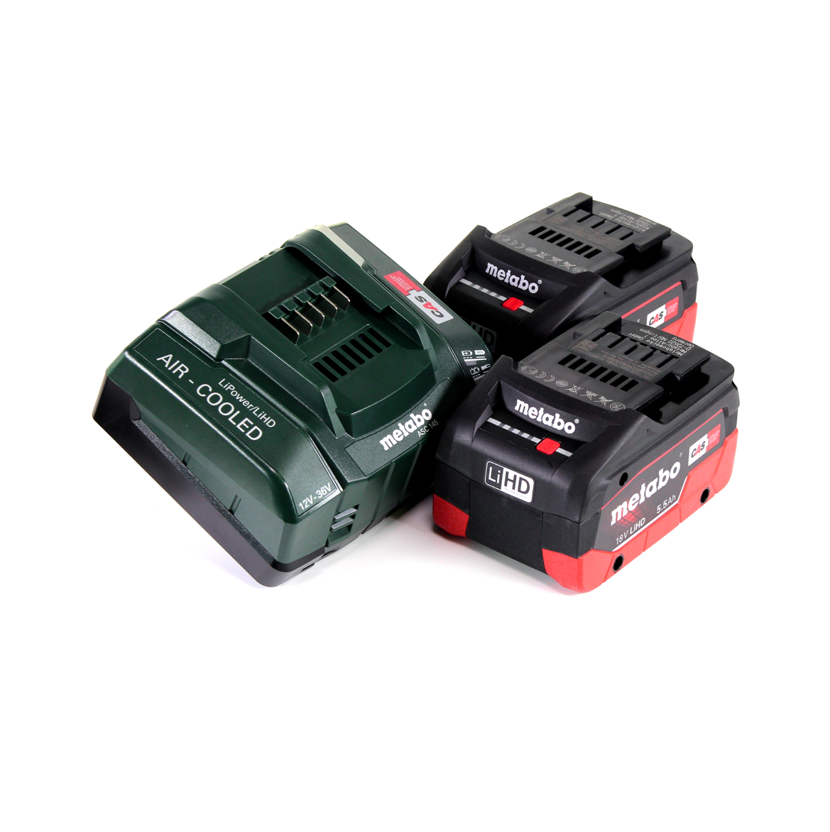 Metabo PA 14,4-18 LED-USB adaptateur secteur pour batterie, kit de base avec 2 batteries LiHD 5,5 Ah + chargeur ASC145