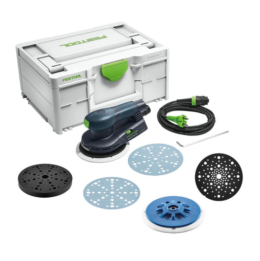Festool ETS EC 150/5 EQ-Plus Exzenterschleifer 400 W 150 mm Brushless + 250x Schleifscheibe + 2x Protection Pad + Interface Pad + Schleifteller + systainer - Toolbrothers