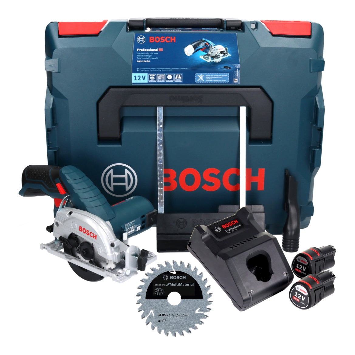 Bosch GKS 12V-26 Professional Akku Handkreissäge 12 V 85 mm + 2x Akku 3,0 Ah + Ladegerät + Sägeblatt + L-Boxx