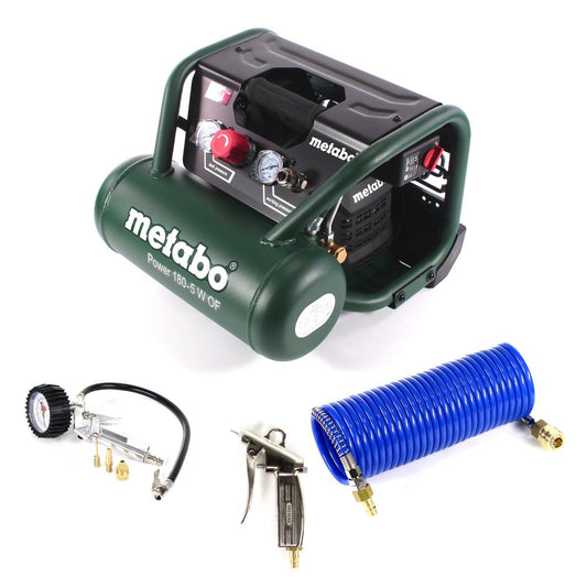 Metabo Power 180-5 W OF Kompressor 8 bar 1,1 kW + Spiralschlauch 7,5 m + Blaspistole + Reifenfüller