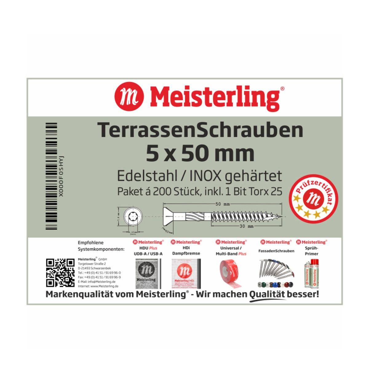 Meisterling Vis pour terrasse 90° 5x50 mm, 4800 pcs., tête fraisée, filetage Torx 2/3, acier inoxydable VA (24x 010010000011 )