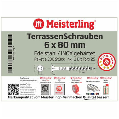 Meisterling Terrassenschrauben 6x80 mm 1000 Stück ( 5x 010010000041 ) CUT Spitze 90° Linsen Senkkopf mit Torx 2/3 Grobgewinde VA Edelstahl