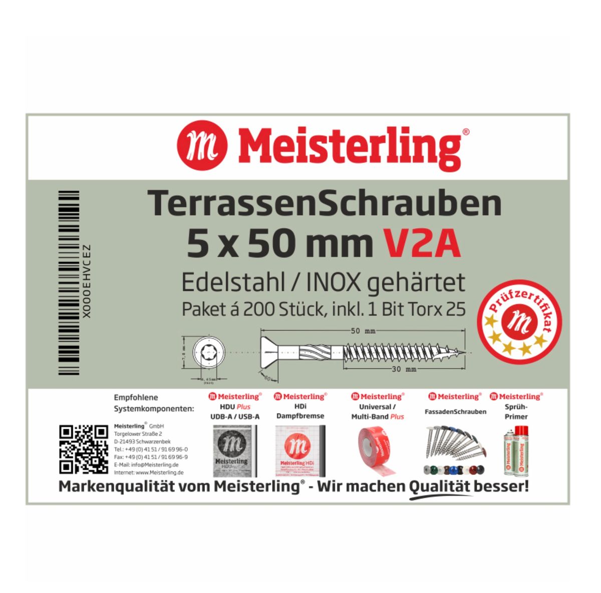 Meisterling Vis pour terrasse 90° 5x50 mm, 1200 pcs., tête fraisée, filetage Torx 2/3, acier inoxydable VA (6x 010010000201)