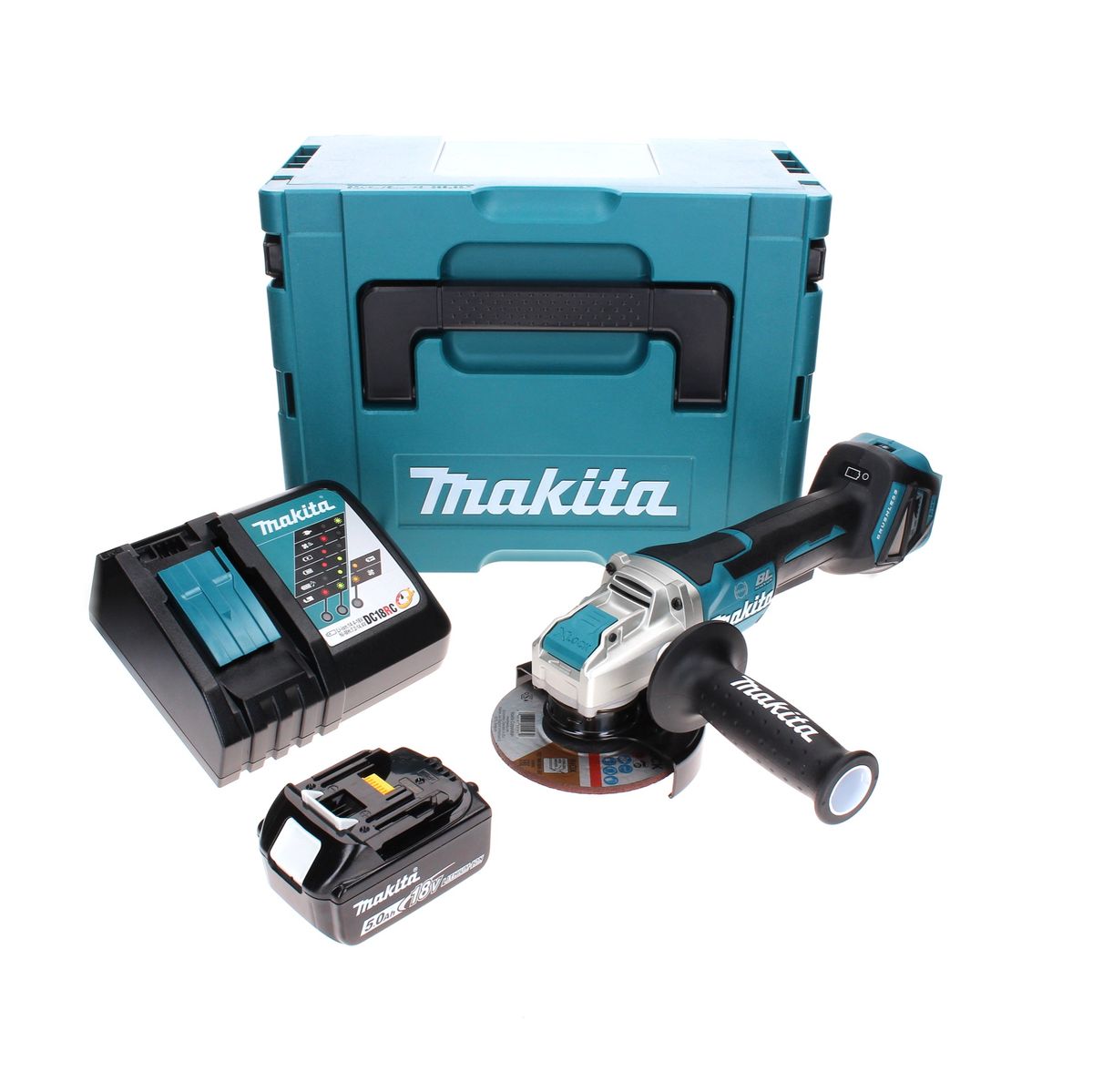 Makita DGA 519 RT1J Meuleuse d'angle sur batterie 18 V 125 mm sans balais X-Lock + 1x batterie 5,0 Ah + chargeur + Makpac