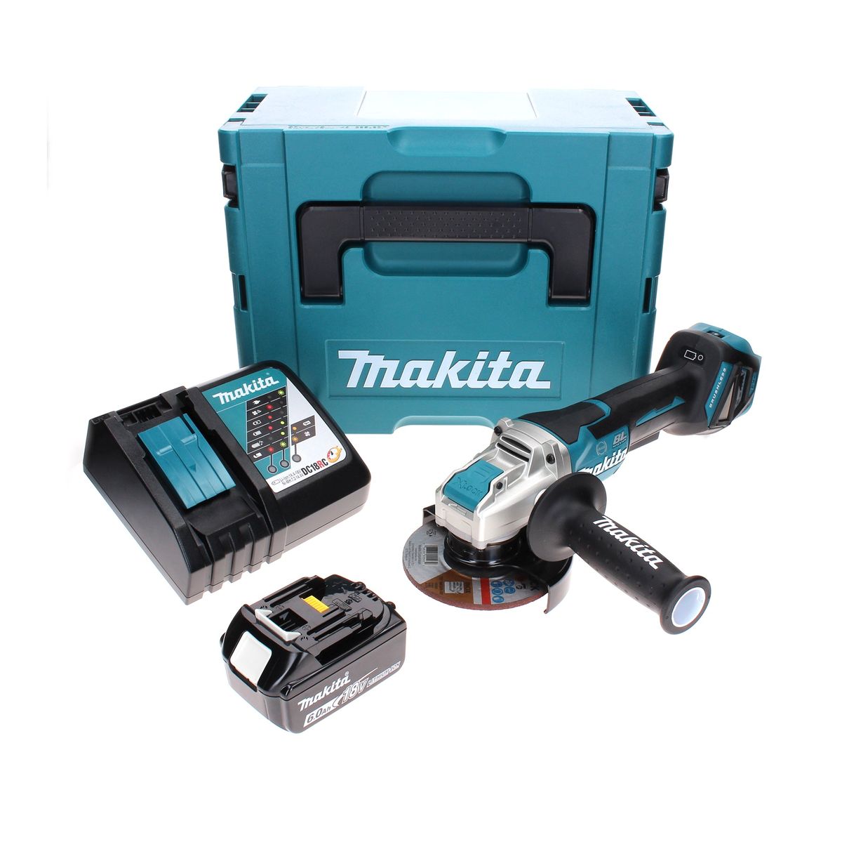 Makita DGA 519 RG1J Akku Winkelschleifer 18 V 125 mm Brushless X-Lock + 1x Akku 6,0 Ah + Ladegerät + Makpac