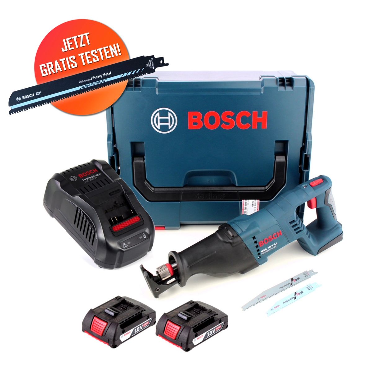 Gratis Bosch Carbide Säbelsägeblatt Bosch GSA 18 V-LI Akku Säbelsäge 18 V + 2x Akku 2,0 Ah + Ladegerät + L-Boxx