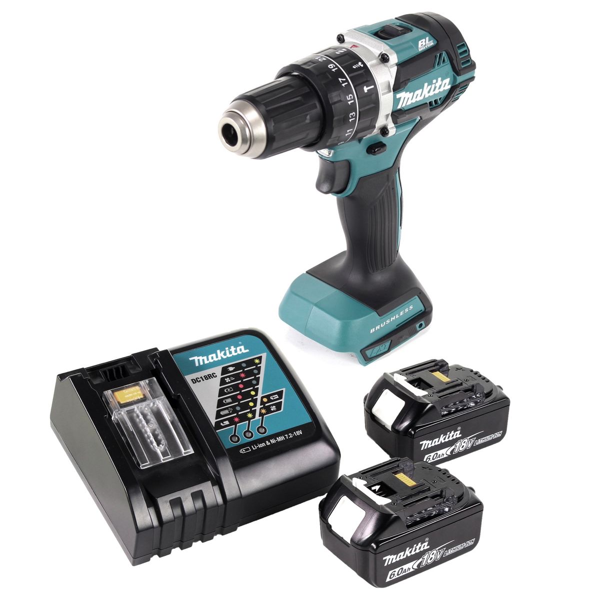 Makita DHP 484 RG Akku Schlagbohrschrauber 18 V 54 Nm Brushless + 2x Akku 6,0 Ah + Ladegerät