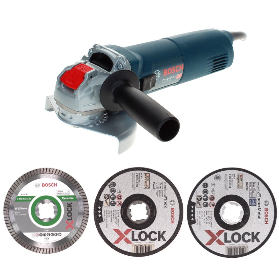 Bosch GWX 14-125 Professional Winkelschleifer 1400 W 125 mm X-Lock + 25x Trennscheiben Expert + 10x Trennscheiben Standard + Diamanttrennscheibe Best