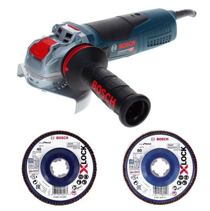 Bosch GWX 17-125 S Professional Winkelschleifer 1700 W 125 mm X-Lock + Fächerschleifscheibe X571 K40 + Fächerschleifscheibe X571 K80