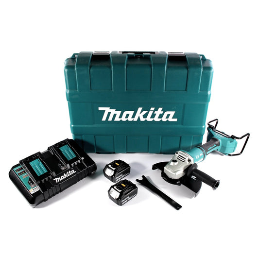 Makita DGA 900 PTK Akku Winkelschleifer 36 V ( 2x 18 V ) 230 mm Brushless + 2x Akku 5,0 Ah + Doppelladegerät + Koffer