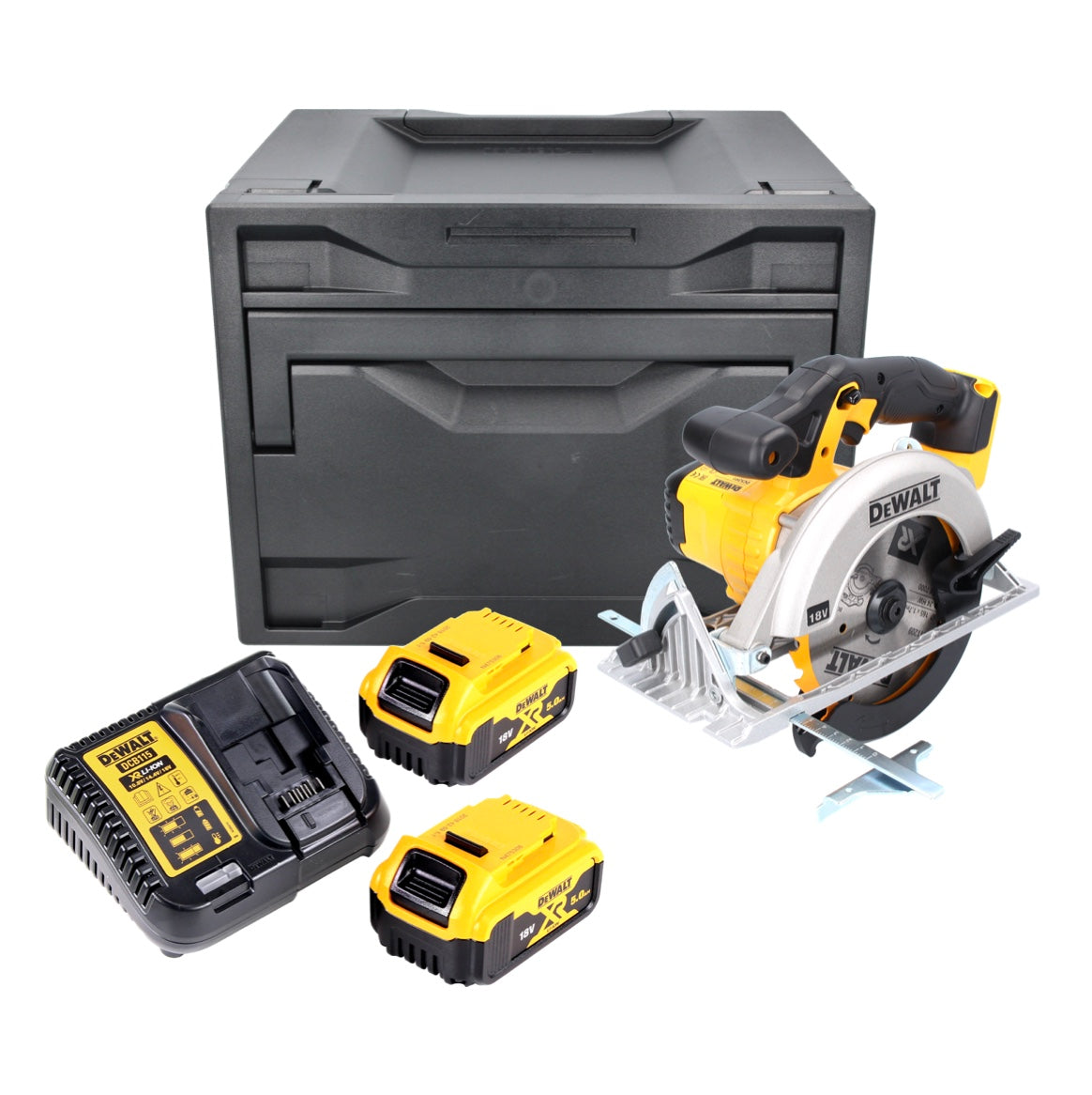 DeWalt DCS 391 P2D Scie circulaire sans fil 18 V 165 mm + 2x Batteries 5,0 Ah + Chargeur + Coffret D-Box