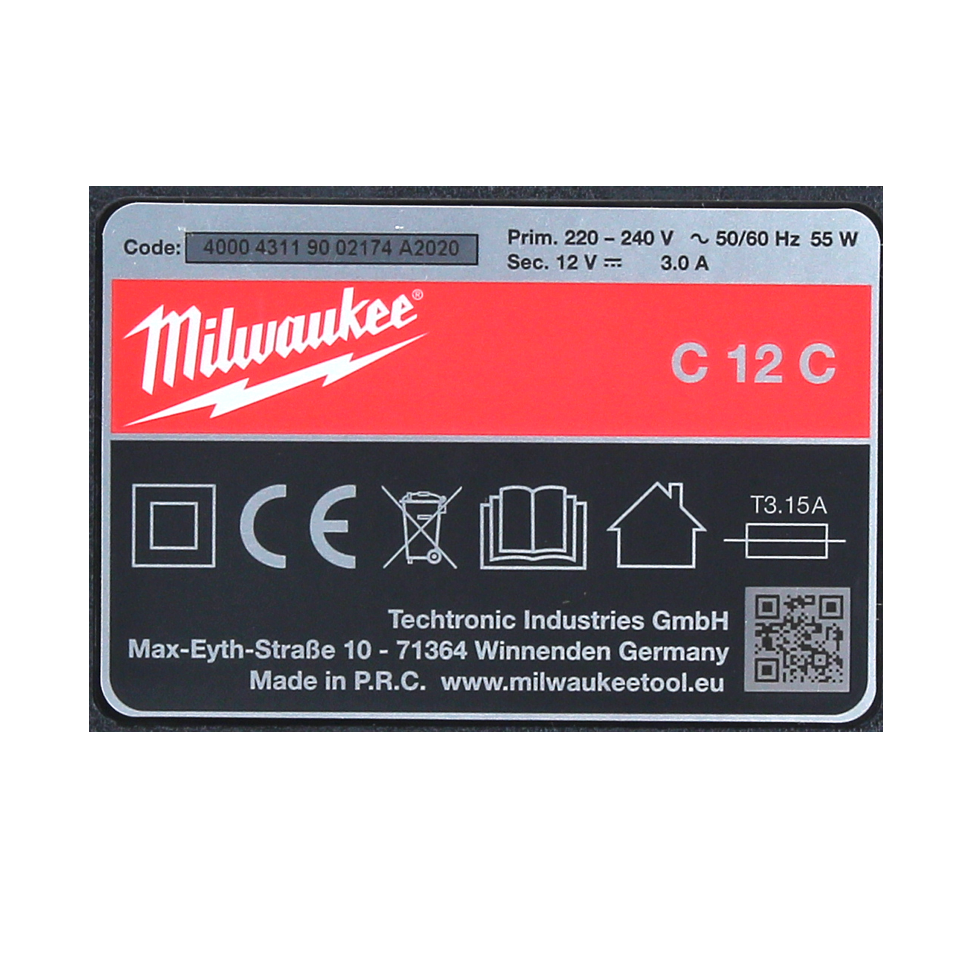 Chargeur Milwaukee M12-C12C batteries Li-Ion 12V (4932352000)