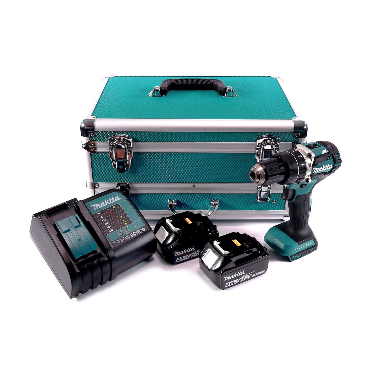 Makita DHP 484 SMTX Perceuse visseuse à percussion sans fil 18 V 54 Nm Brushless + 2x Batteries 4.0 Ah + Chargeur + Coffret aluminium TX + Jeu d’embouts et de forets, 70 pcs.