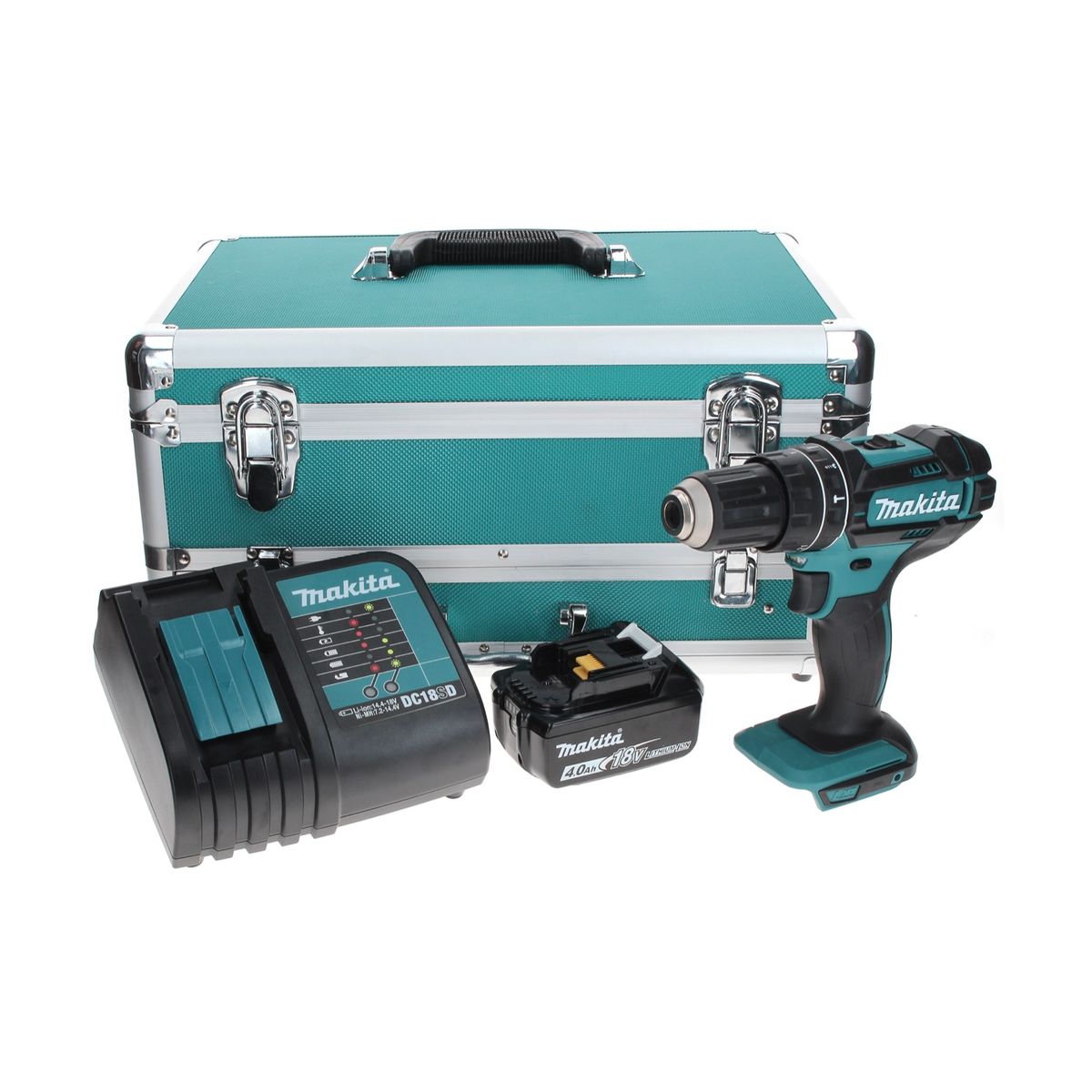 Makita DHP 482 SM1TX Perceuse visseuse à percussion sans fil 18 V 62 Nm + 1x Batterie 4,0 Ah + Chargeur + Jeu d’embouts et de forets, 70 pcs. + Coffret aluminium TX