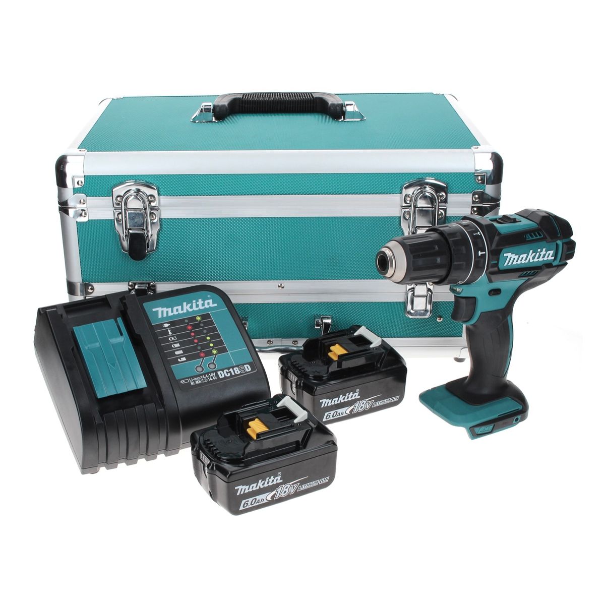 Makita DHP 482 SGTX 18 V Perceuse-visseuse à percussion sans fil 62 Nm + 2x Batteries rechargeables 6,0 Ah + Chargeur + Jeu de 70 mèches + Mallette en aluminium TX