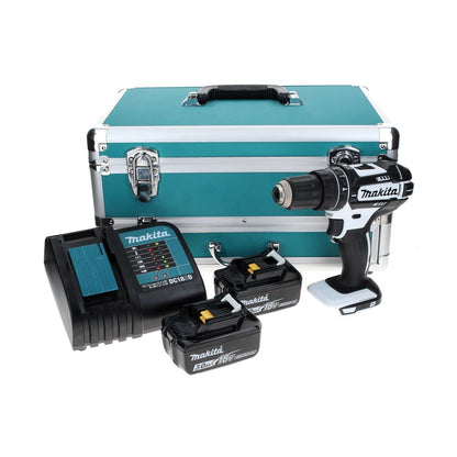 Makita DHP 482 SFTX W perceuse à percussion sans fil 18 V 62 Nm blanc + 2 batteries 3,0 Ah + chargeur + jeu de 70 forets + coffret en aluminium TX