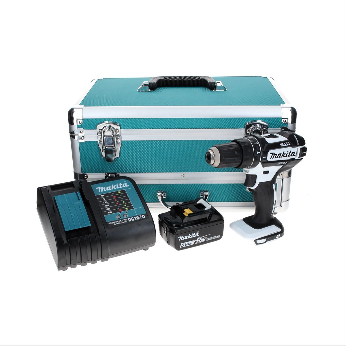 Makita DHP 482 ST1TX W Perceuse visseuse à percussion sans fil 18 V 62 Nm, blanc + 1x Batterie 5,0 Ah + Chargeur + Coffret aluminium TX + Jeu d’embouts et de forets, 70 pcs.