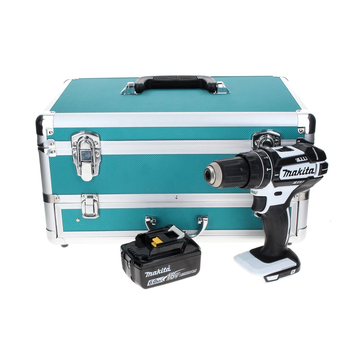 Makita DHP 482 G1TX W Perceuse-visseuse à percussion sans fil 18 V 62 Nm blanc + 1x Batterie 6,0 Ah + Jeu de 70 mèches + Mallette en aluminium TX - sans chargeur