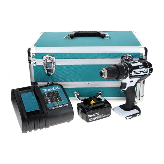 Makita DHP 482 SG1TX W Perceuse à percussion sans fil 18 V 62 Nm blanc + 1x Batterie 6,0 Ah + Chargeur + Jeu de 70 mèches + Mallette en aluminium TX