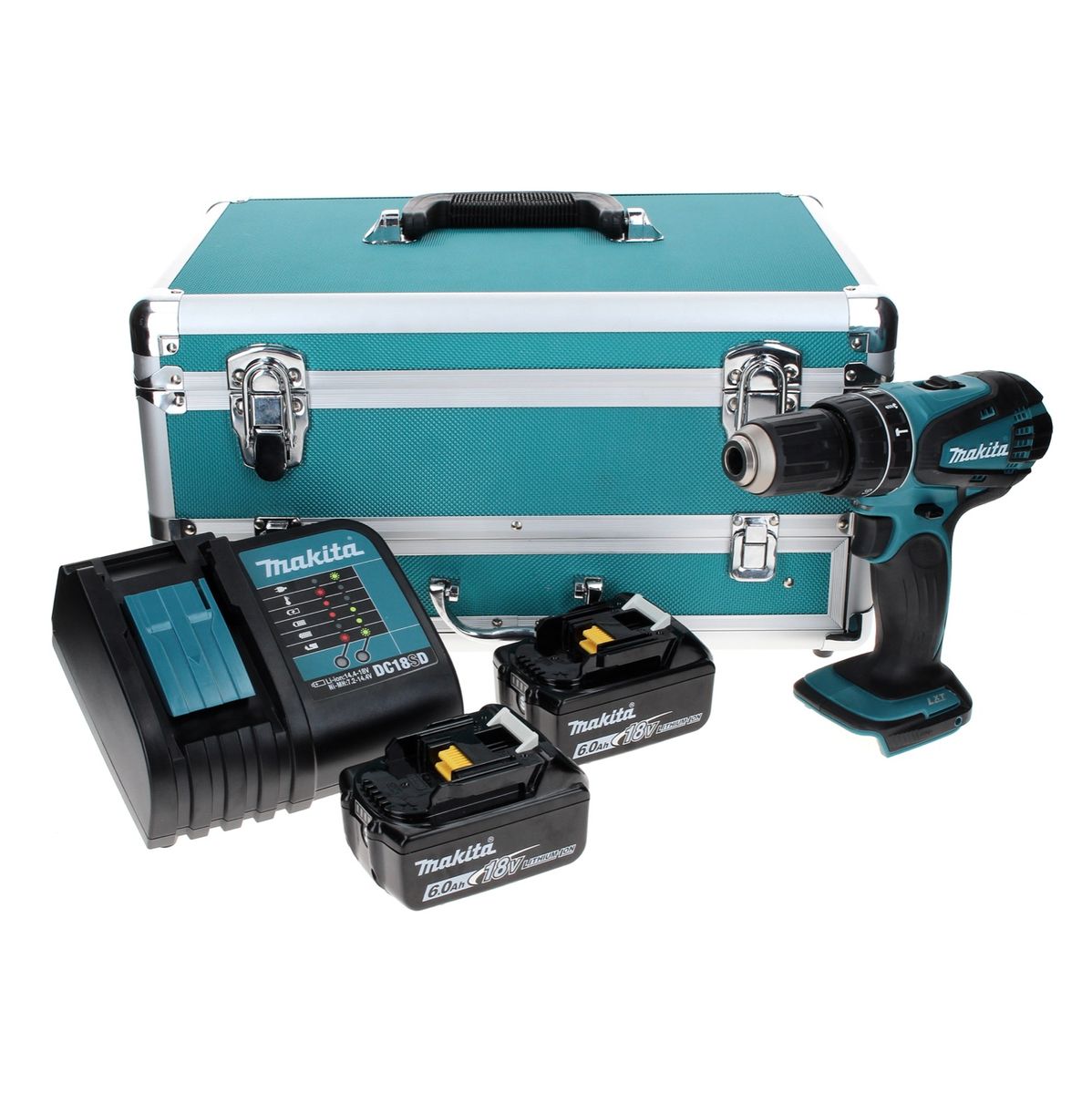 Makita DHP 456 SGTX Perceuse-Visseuse à percussion sans fil 18 V 50 Nm + 2x Batteries rechargeables 6,0 Ah + Chargeur + Jeu de 70 mèches + Mallette en aluminium TX