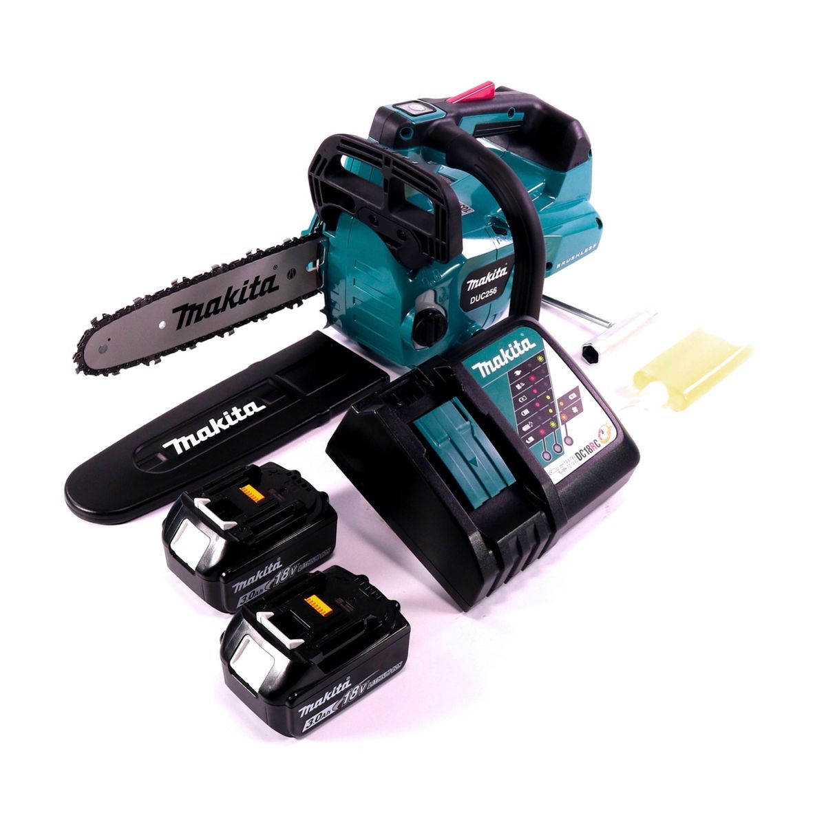 Makita DUC 256 RF Akku Kettensäge 36 V ( 2x 18 V ) Brushless 25 cm + 2x Akku 3,0 Ah + Ladegerät