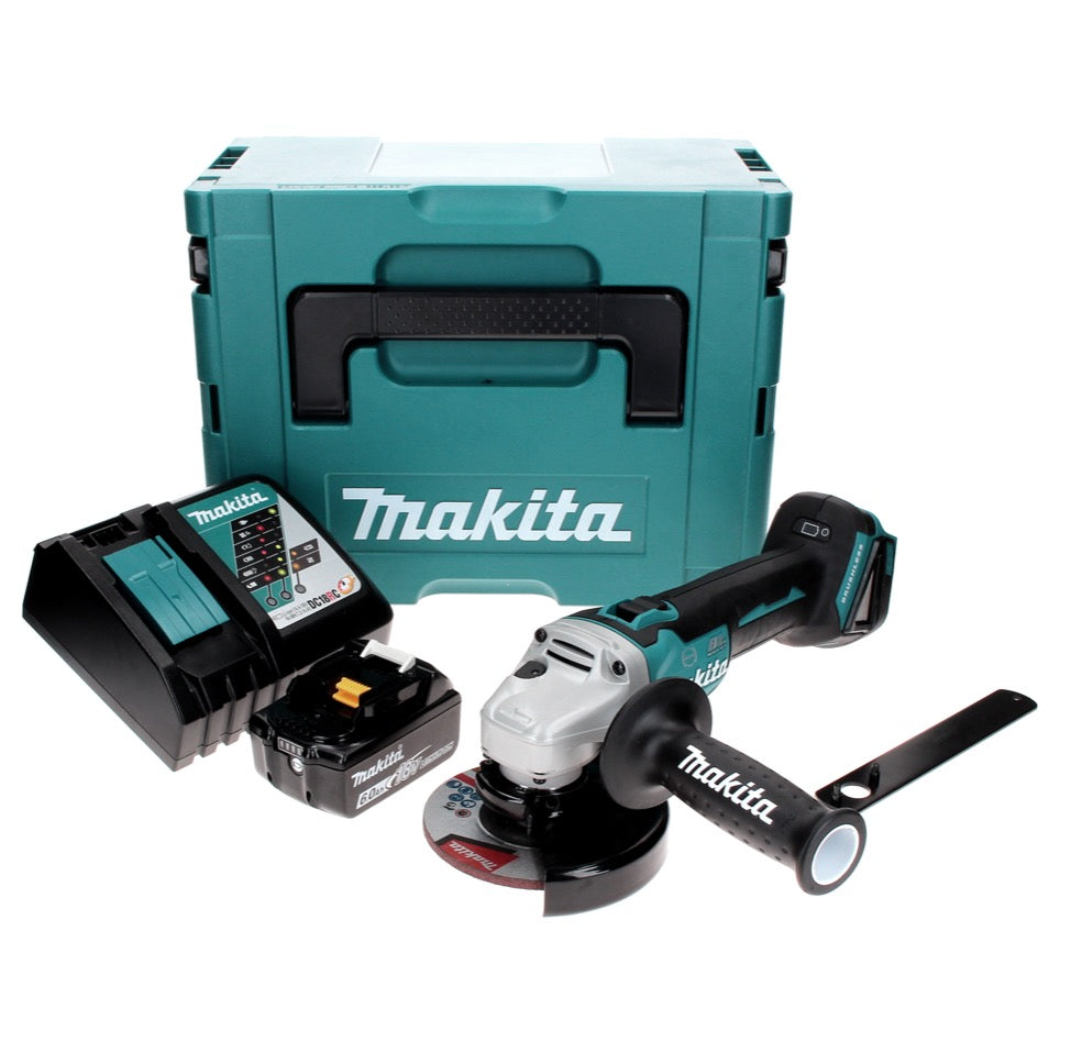 Makita DGA 506 RG1J Meuleuse d'angle sans fil 18 V 125 mm Brushless + 1x Batterie 6.0 Ah + Chargeur + Coffret Makpac