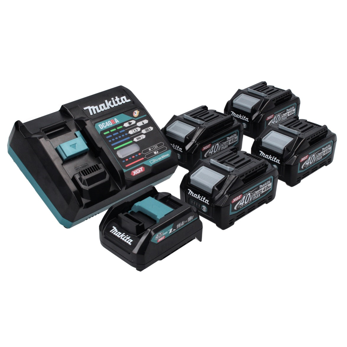 Makita Kit de démarrage batterie 40 V max + 4x Batteries BL 4025 2,5 Ah (4x 191B36-3) + Chargeur (191E07-8) + Adaptateur 18V (191C10-7)