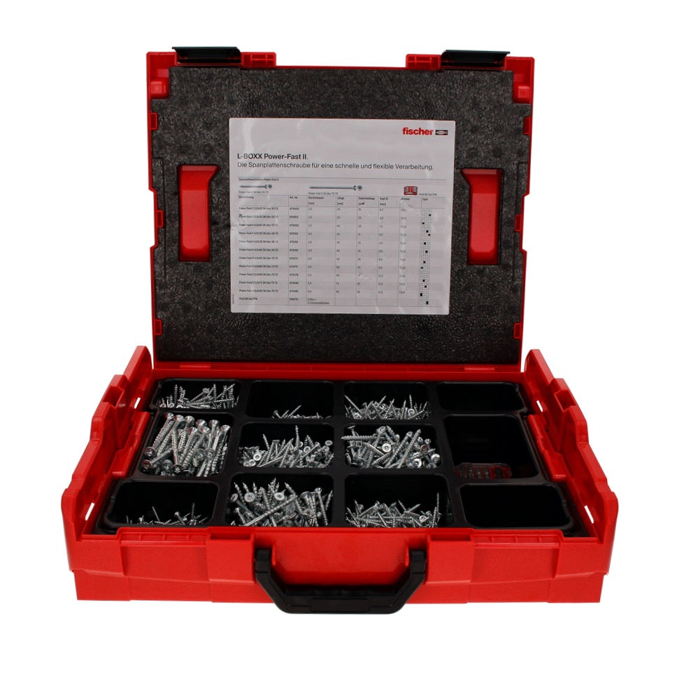 Fischer L-Boxx 102 Power Fast II Caisse à outils pour panneaux d'aggloméré, 1801 pcs. + L-Boxx tête fraisée avec filet complet Torx / filet partiel zingué, bleu passivé ( 558739 )