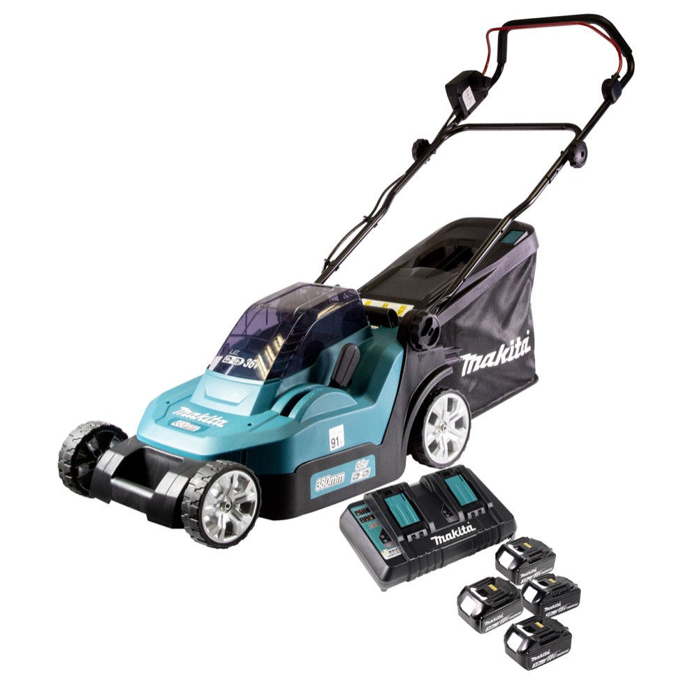 Makita DLM 432 PF4 Akku Rasenmäher 36 V ( 2x 18 V ) 43 cm Brushless + 4x Akku 3,0 Ah + Doppel Ladegerät