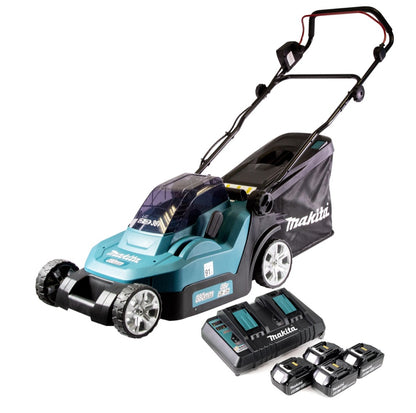 Makita DLM 432 PG4 Akku Rasenmäher 36 V ( 2x 18 V ) 43 cm Brushless + 4x Akku 6,0 Ah + Doppel Ladegerät