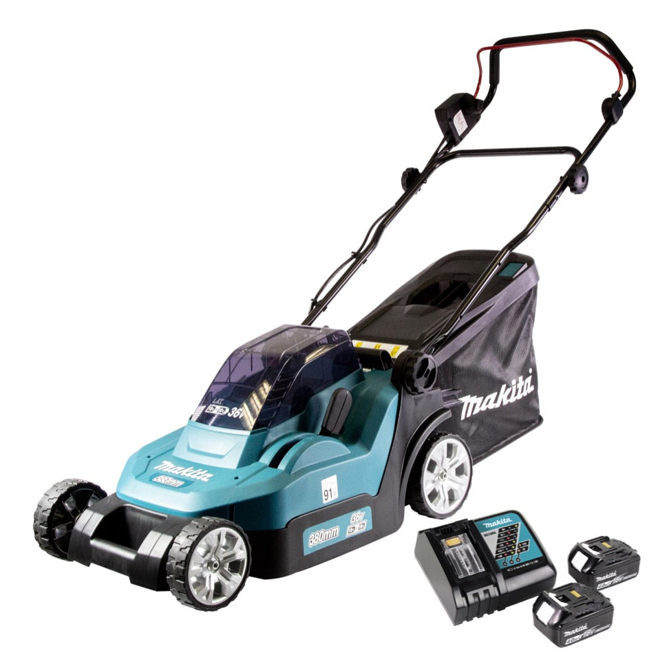 Makita DLM 382 RM2 tondeuse à gazon sans fil 36 V (2x 18 V) 38 cm 40 l + 2x batterie 4,0 Ah + chargeur