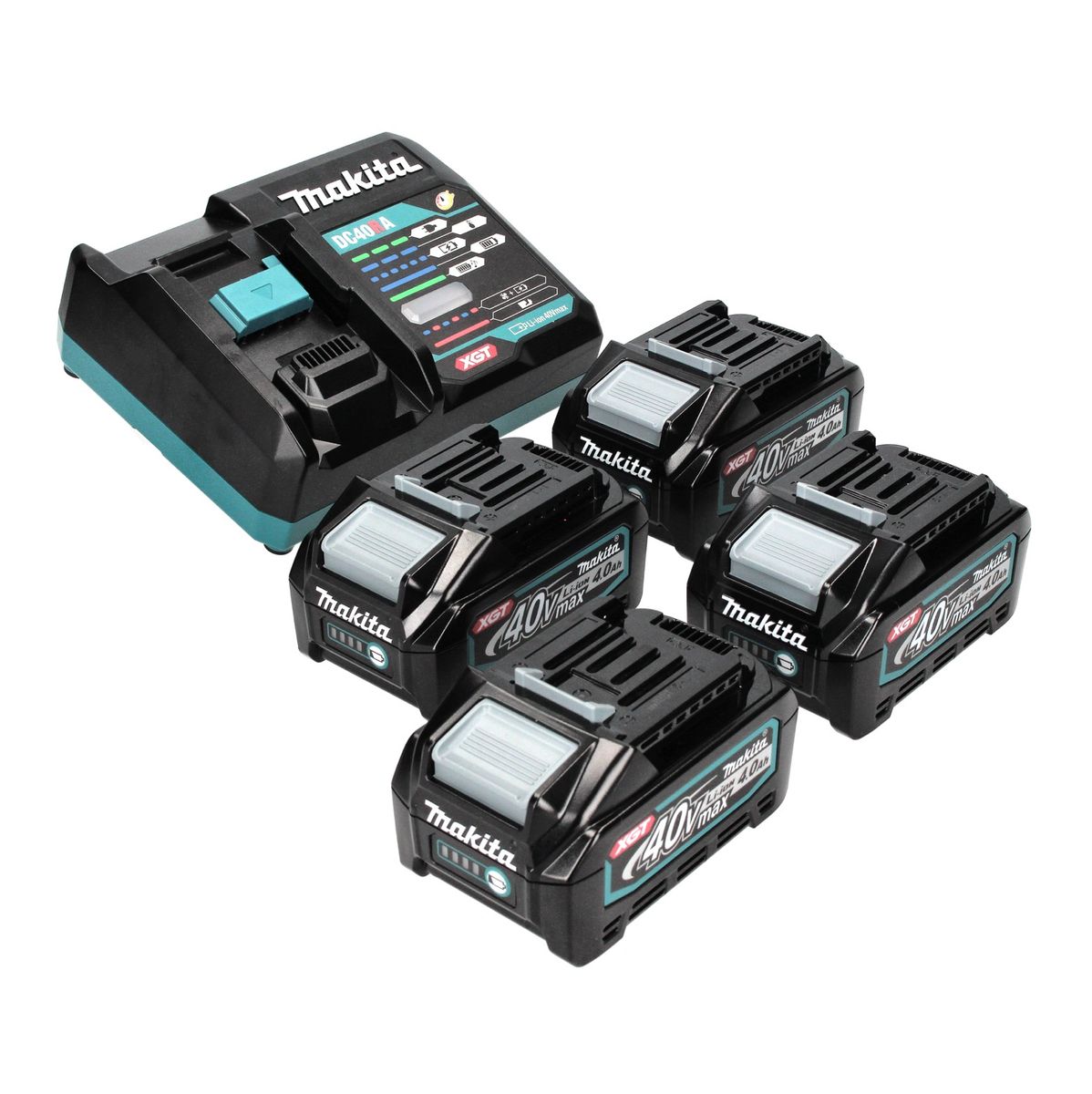 Kit source d'alimentation Makita 40 V max. avec 4x batteries BL 4040 4,0 Ah XGT (4x 191B26-6) + chargeur rapide DC 40 RA XGT LXT (191E07-8)