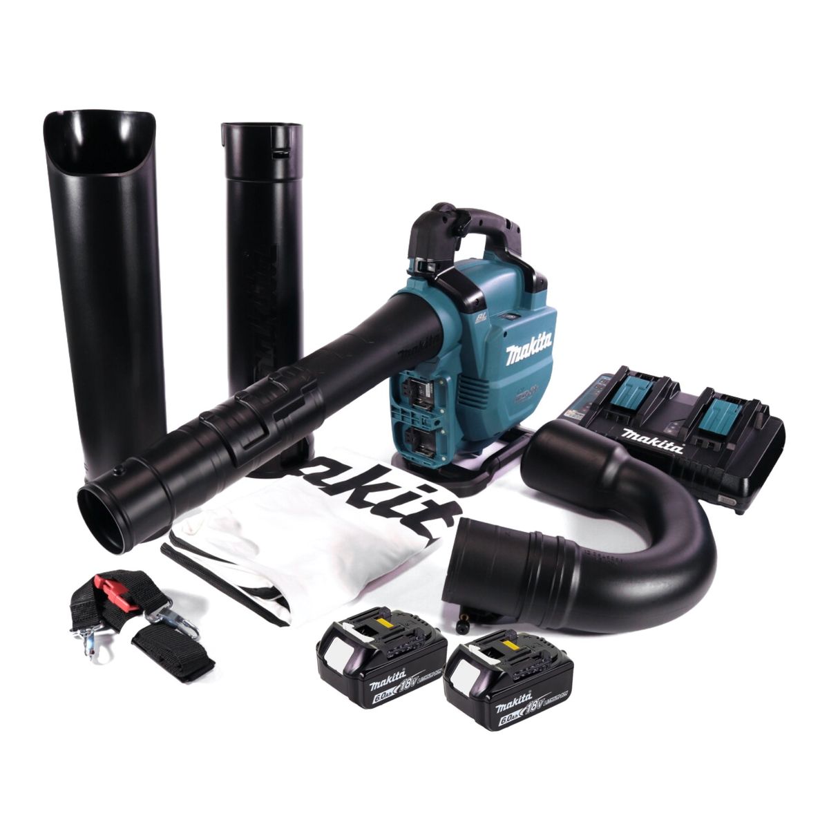 Makita DUB 363 PG2V Akku Gebläse / Laubsauger 36 V ( 2x 18 V ) Brushless + Absaug Set + 2x Akku 6,0 Ah + Doppelladegerät