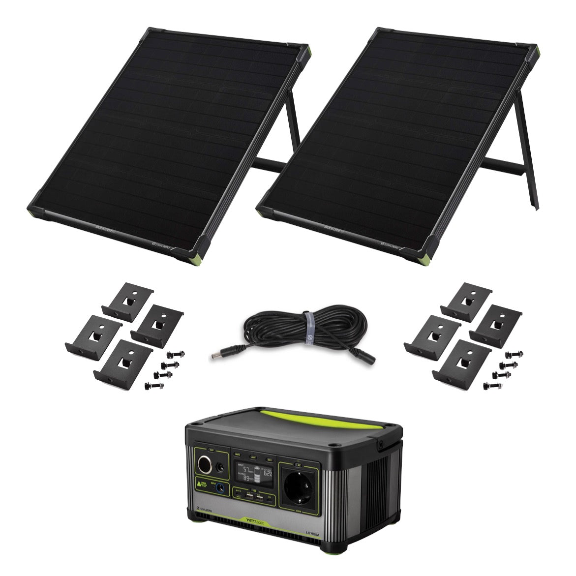 Goal Zero Yeti 500X Portable Power Station 5 - 230 V 46,8 Ah + 2x Boulder 50 Solarpanel 22 V 50 W 3,5 A + 9,1 m Verlängerungskabel + 2x Boulder Montagekit