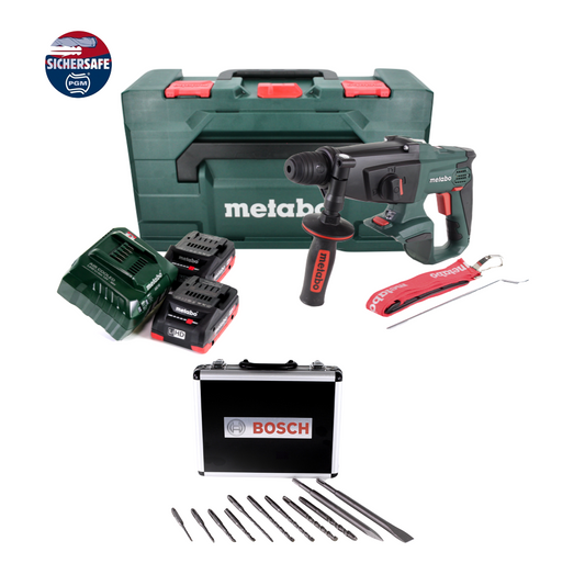 Marteau combiné à batterie Metabo KHA 18 LTX 18 V 2,2 J SDS Plus + 2 batteries 4,0 Ah + chargeur + jeu de perceuses et burins 11 pièces certifiés PGM + métaBOX.