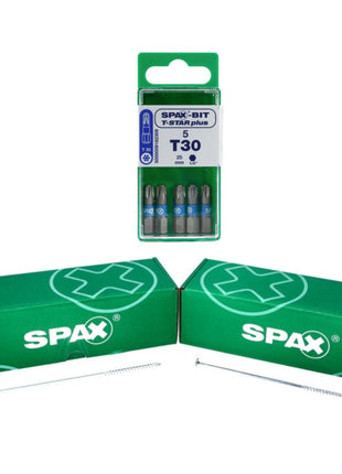 SPAX Set BIT T-STAR plus T30 - 6,4 x 25 mm, 5 pièces (5000009182309) + Vis à tête ronde HI.FORCE 6,0 x 220 mm 50 pièces (0251010602205)