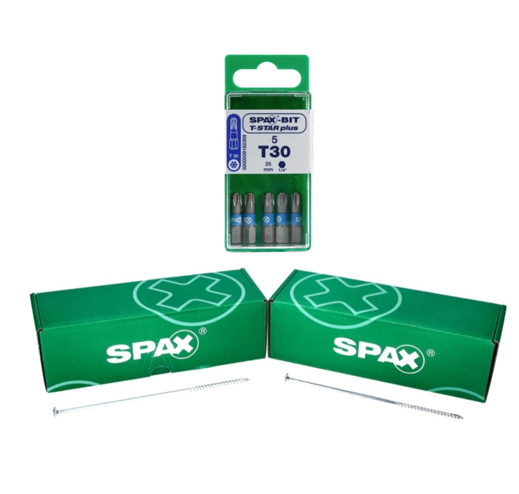 SPAX Set BIT T-STAR plus T30 - 6,4 x 25 mm, 5 Stk. ( 5000009182309 ) + HI.FORCE Tellerkopf Schraube 6,0 x 220 mm 50 Stk. ( 0251010602205 )