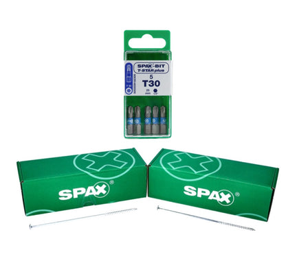 SPAX Set BIT T-STAR plus T30 - 6,4 x 25 mm, 5 Stk. ( 5000009182309 ) + HI.FORCE Tellerkopf Schraube 6,0 x 200 mm 50 Stk. ( 0251010602005 )