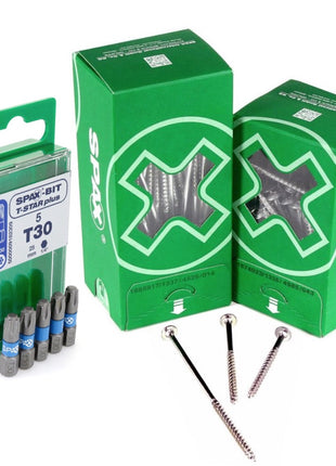 SPAX Set BIT T-STAR plus T30 - 6,4 x 25 mm, 5 pièces (5000009182309) + Vis à tête ronde HI.FORCE 6,0 x 80 mm 100 pièces (0251010600805)