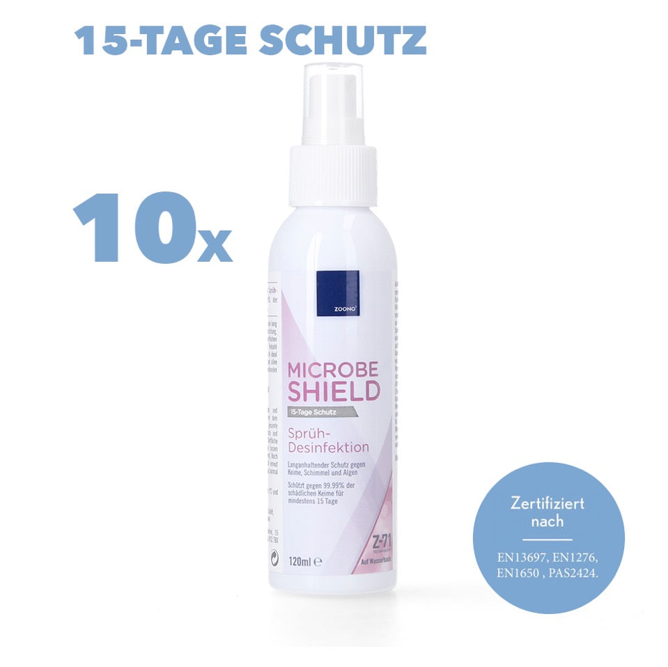 Zoono Z-71 Micobe Shield 10x Flächendesinfektionsmittel 120 ml Schutz für mind. 15 Tage auf Oberflächen gegen 99,99 % aller Keime ( Zertifiziert nach PAS 2424 / EN13697 / EN1276 / EN1650 ) - Toolbrothers