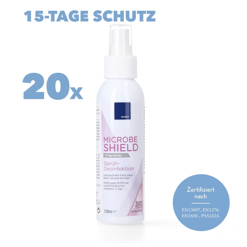 Zoono Z-71 Micobe Shield 20x Flächendesinfektionsmittel 120 ml Schutz für mind. 15 Tage auf Oberflächen gegen 99,99 % aller Keime ( Zertifiziert nach PAS 2424 / EN13697 / EN1276 / EN1650 ) - Toolbrothers