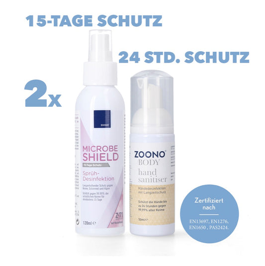 Zoono Desinfektions Set 2x Z-71 Micobe Shield Flächendesinfektionsmittel 120 ml + 2x Handdesinfektion 50 ml ( Zertifiziert nach PAS 2424 / EN13697 / EN1276 / EN1650 ) - Toolbrothers