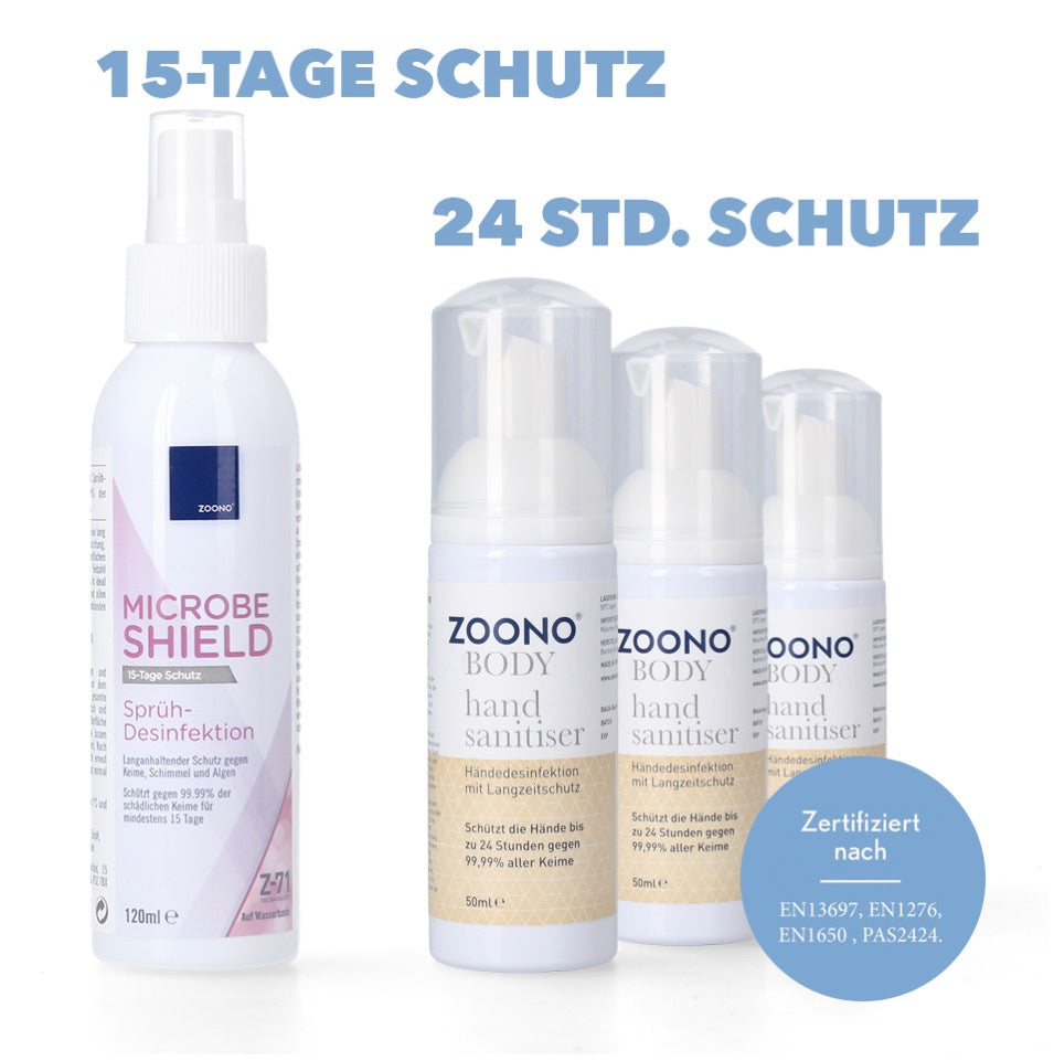 Zoono Desinfektions Set 1x Z-71 Micobe Shield Flächendesinfektionsmittel 120 ml + 3x Handdesinfektion 50 ml ( Zertifiziert nach PAS 2424 / EN13697 / EN1276 / EN1650 ) - Toolbrothers