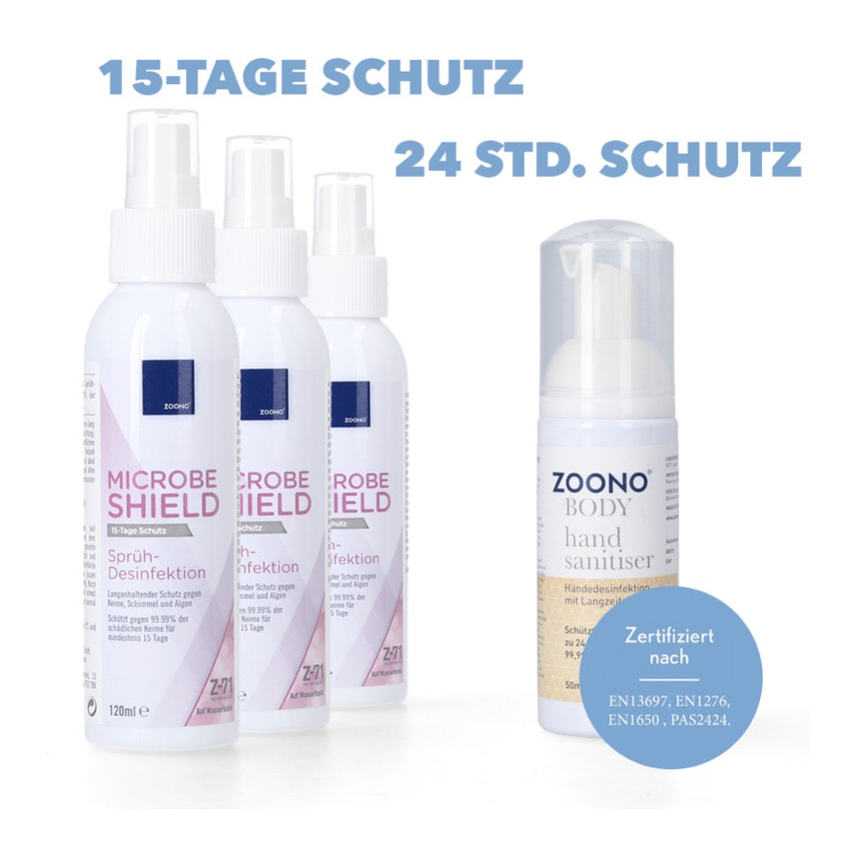 Zoono Desinfektions Set 3x Z-71 Micobe Shield Flächendesinfektionsmittel 120 ml + 1x Handdesinfektion 50 ml ( Zertifiziert nach PAS 2424 / EN13697 / EN1276 / EN1650 ) - Toolbrothers