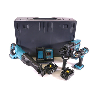 Makita DHP 482 STMX Akku Schlagbohrschrauber 18 V 62 Nm + DHR 202 Akku Kombihammer 18 V 2,0 J SDS Plus + DJR 186 Akku Säbelsäge 18 V + 2x Akku 5,0 Ah + Ladegerät + Makbox Maxi