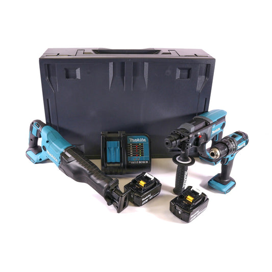 Makita DHP 482 STMX perceuse à percussion sans fil 18 V 62 Nm + marteau combiné sans fil DHR 202 18 V 2,0 J SDS Plus + scie sabre sans fil DJR 186 18 V + 2 batteries 5,0 Ah + chargeur + Makbox Maxi