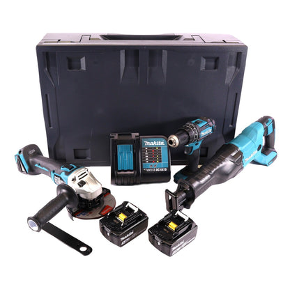 Makita DHP 482 STMX Akku Schlagbohrschrauber 18 V 62 Nm + DGA 504 Akku Winkelschleifer 18 V 125 mm Brushless + DJR 186 Akku Säbelsäge 18 V + 2x Akku 5,0 Ah + Ladegerät + Makbox Maxi