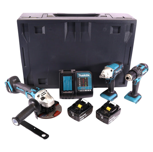 Makita DHP 482 STMX Akku Schlagbohrschrauber 18 V 62 Nm + DGA 504 Akku Winkelschleifer 18 V 125 mm Brushless + DTW 190 Akku Schlagschrauber 18 V 190 Nm 1/2" + 2x Akku 5,0 Ah + Ladegerät + Makbox Maxi